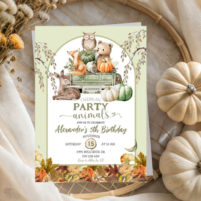 Green Woodland Pumpkin Truck Animals Birthday Invitation (Creator Uploaded)