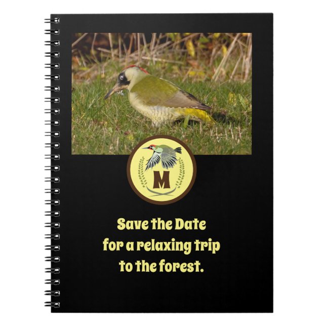 Green Woodpecker Flying Monogram Photo Notebook (Front)