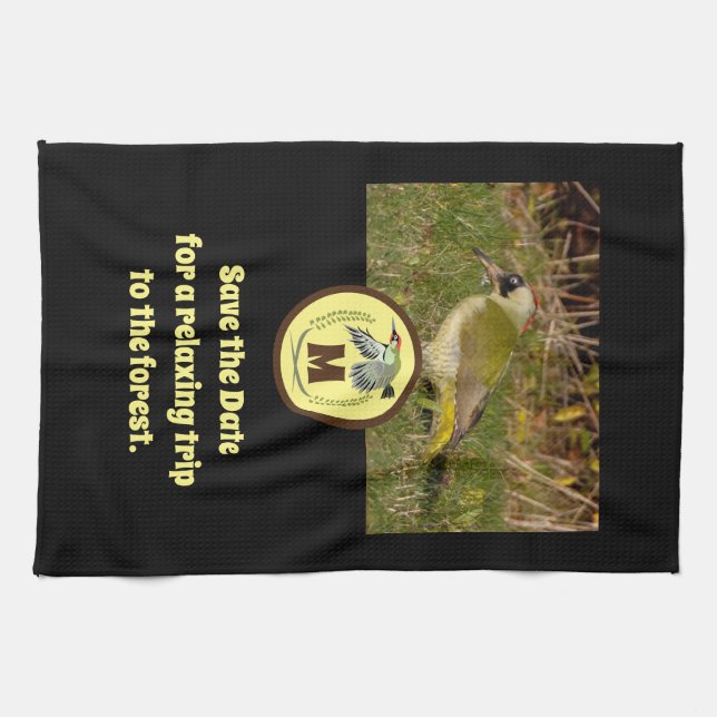 Green Woodpecker Flying Monogram Photo Tea Towel (Horizontal)