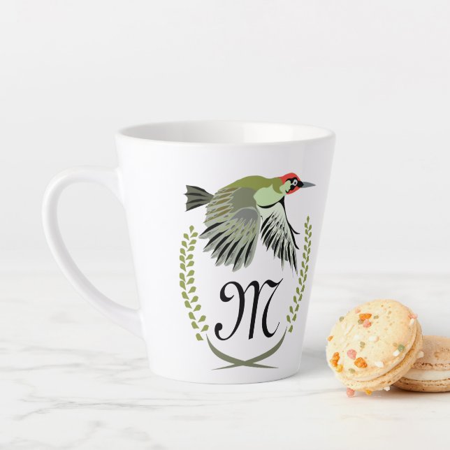 Green Woodpecker in Flight Monogram Latte Mug (In Situ)