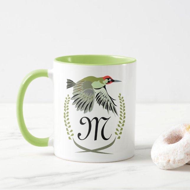 Green Woodpecker in Flight Monogram Mug (With Donut)