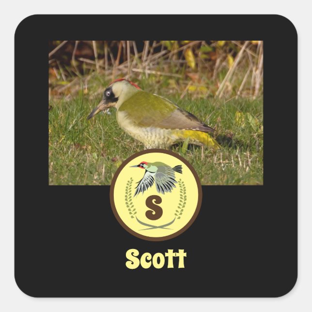 Green Woodpecker Name Tag Photo Monogram (Front)