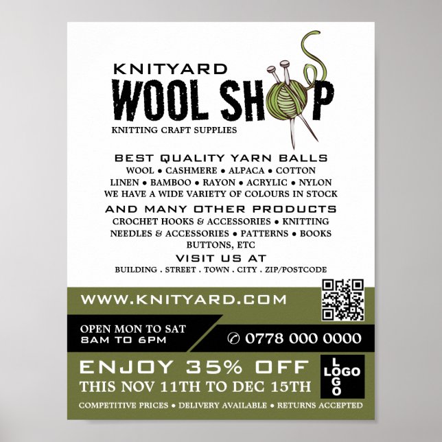 Green Wool Shop Logo, Knitting Store, Yarn Store Poster (Front)