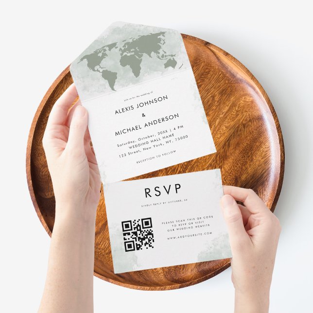 Green World Map Travel Destination Modern Qr Code All In One Invitation (Creator Uploaded)
