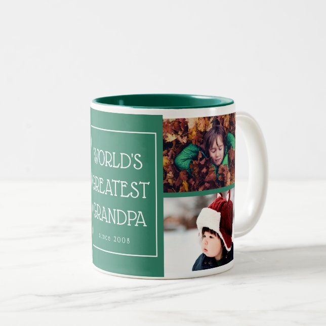 Green World's Greatest Grandpa Photo Collage Two-Tone Coffee Mug (Front Right)