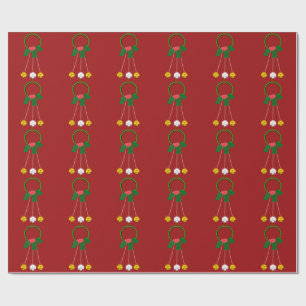 Green Wreath and Jingle Bells Red Wrapping Paper