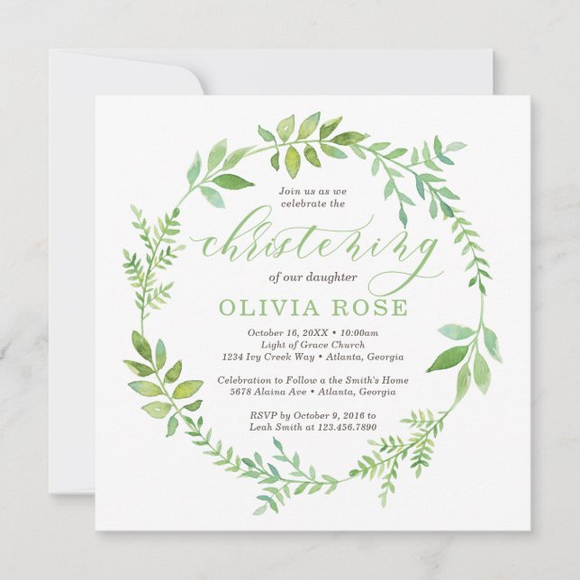 Green Wreath Christening Invitation, BOHO Invitation (Front)