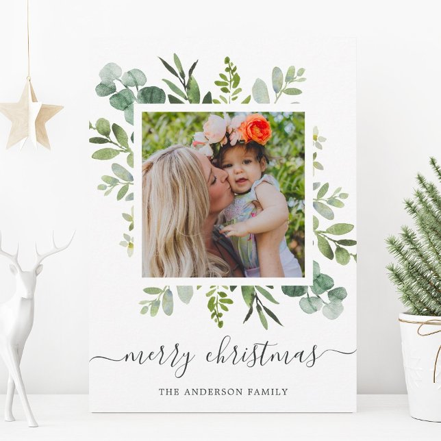 Green Wreath Custom Text Photo Christmas Holiday Card (Creator Uploaded)