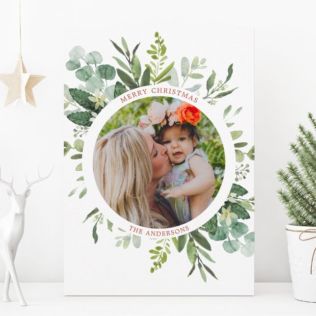 Green Wreath Custom Text Photo Holiday Card (Creator Uploaded)