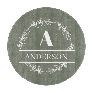 Green Wreath Family Name Monogram  Cutting Board
