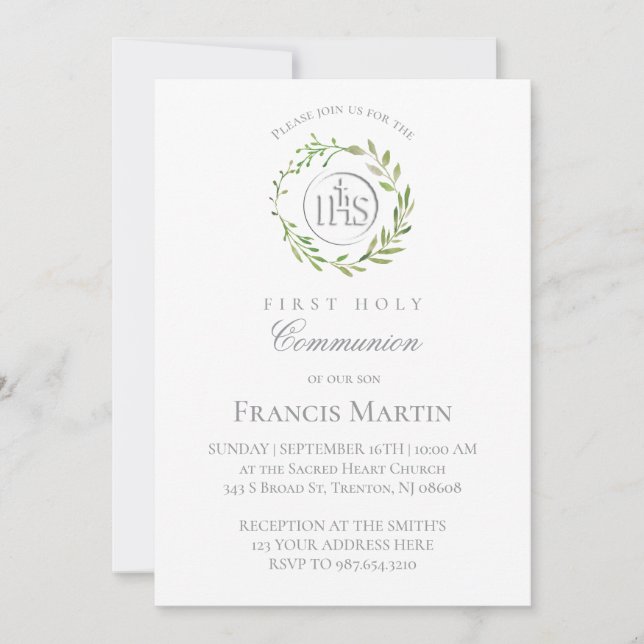  green wreath first holy communion invitation (Front)