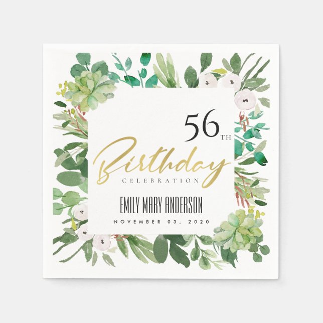 GREEN WREATH FOLIAGE WATERCOLOR ANY AGE BIRTHDAY NAPKIN (Front)