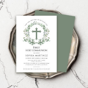 Green Wreath Girl'sFirst Holy Communion  Invitation