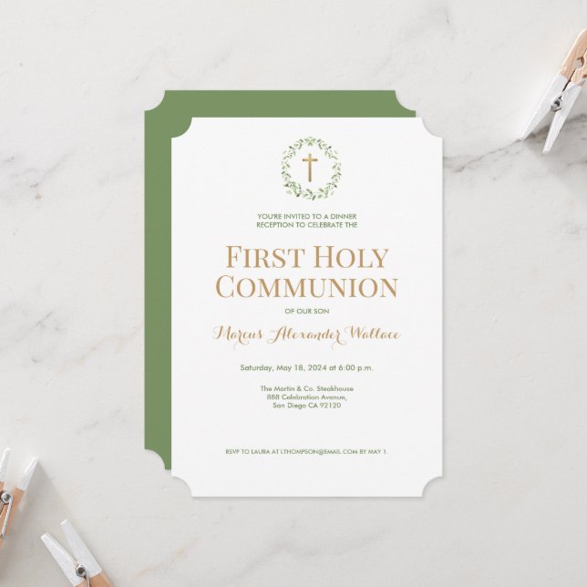 Green Wreath Gold Cross Boy First holy communion  Invitation (Front/Back In Situ)