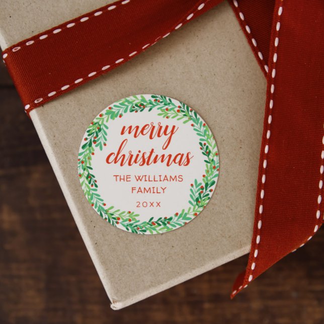 Green Wreath Merry Christmas Classic Round Sticker (Creator Uploaded)