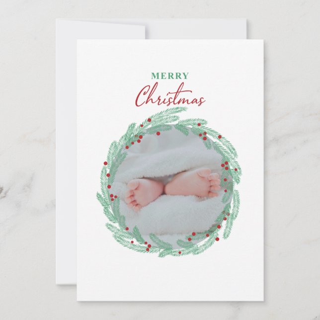 Green Wreath Minimalist Photo Holiday Card (Front)
