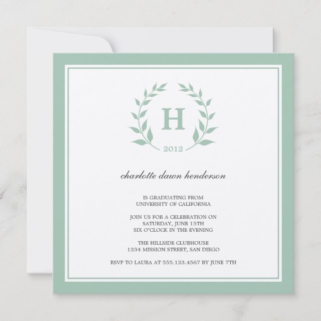Green wreath monogram graduation class invitation (Front)
