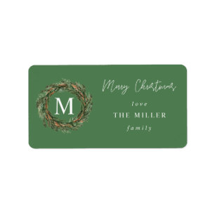 Green & Wreath Monogram Merry Christmas Label V2