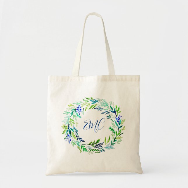 Green Wreath Monogram Tote Bag (Front)