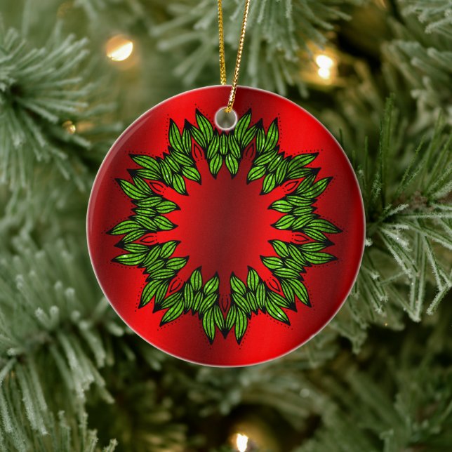 Green Wreath on Red Christmas Ceramic Tree Decoration (Tree)