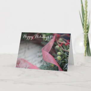 Green wreath with berries, ribbon holiday card