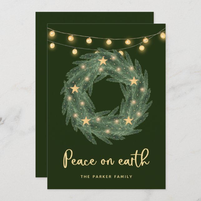 Green Wreath with Gold String Lights on Green Holiday Card (Front/Back)
