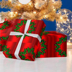 Green Wreaths on Red Christmas Wrapping Paper