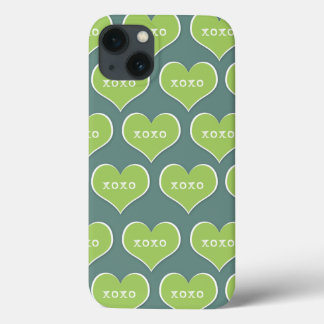 Green XOXO Hearts Customisable Background Colour iPhone 13 Case