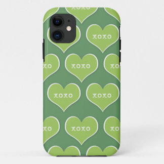 Green XOXO Hearts Customisable Background Colour iPhone 11 Case