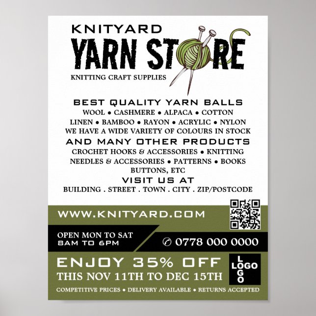 Green Yarn Store Logo, Knitting Store, Yarn Store Poster (Front)