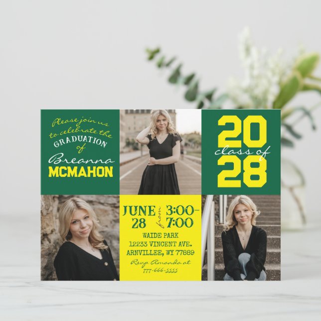 Green & Yellow 3 Photo Graduation Invitation (Standing Front)
