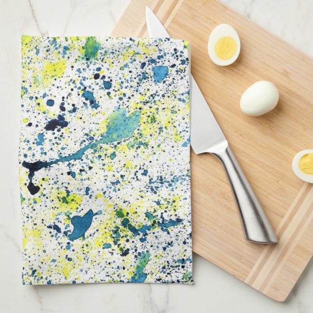 Green, Yellow, and Blue Watercolor Abstract Tea Towel (Quarter Fold)