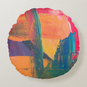 Green, yellow, and red abstract painting round cushion