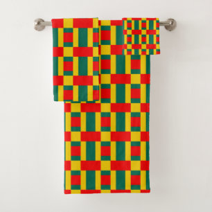 Green Yellow And Red Colour Block Print Bath Towel Set