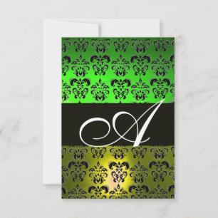 GREEN YELLOW BLACK WHITE DAMASK MONOGRAM INVITATION