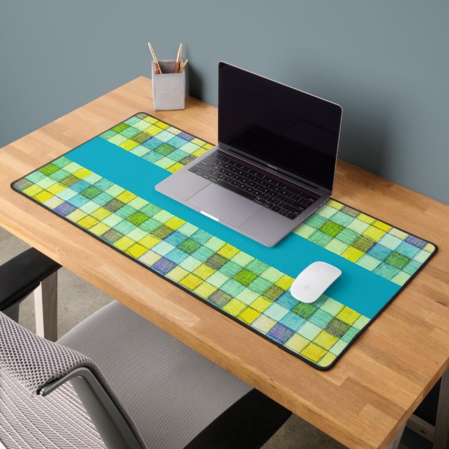 Green yellow blue gingham desk mat (Office 2)