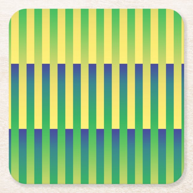 Green Yellow Blue Striped Pattern Square Paper Coaster (Front)