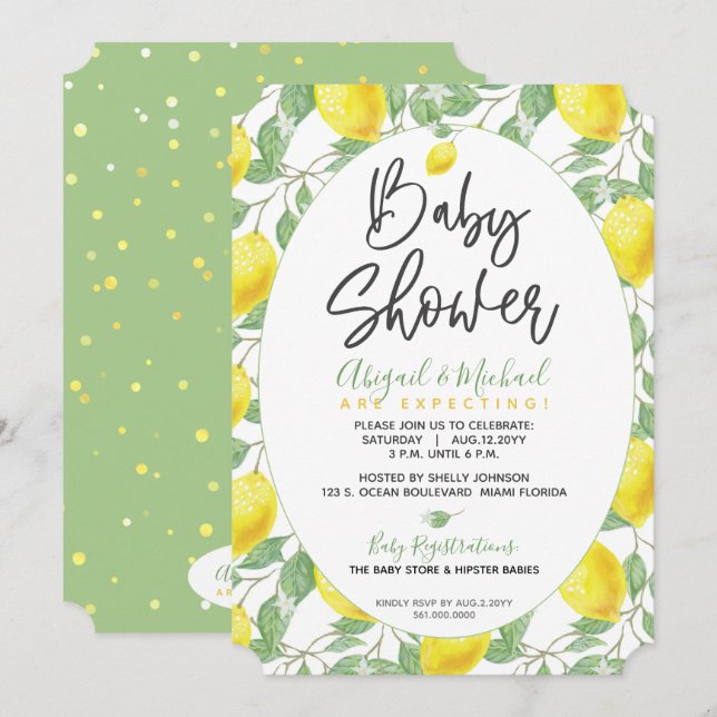 Green Yellow Boho Lemon Gender Neutral Baby Shower Invitation (Front/Back)