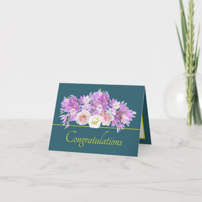 Green Yellow Bouquet Rose & Crocus Congratulations Card (Front)