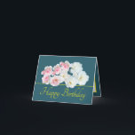 Green Yellow Bouquet White Pink Roses Birthday Card<br><div class="desc">Beautiful bouquet of white and pink roses and a white clematis flower against an aqua green colour background. The yellow colour greeting text uses an attractive script typography font. The flowers cover the front of this card which can be used as a thank you card, a birthday card, or any...</div>