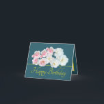 Green Yellow Bouquet White Pink Roses Birthday Card<br><div class="desc">Beautiful bouquet of white and pink roses and a white clematis flower against an aqua green colour background. The yellow colour greeting text uses an attractive script typography font. The flowers cover the front of this card which can be used as a thank you card, a birthday card, or any...</div>