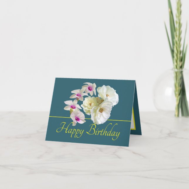 Green Yellow Bouquet White Roses Orchids Birthday Card (Front)