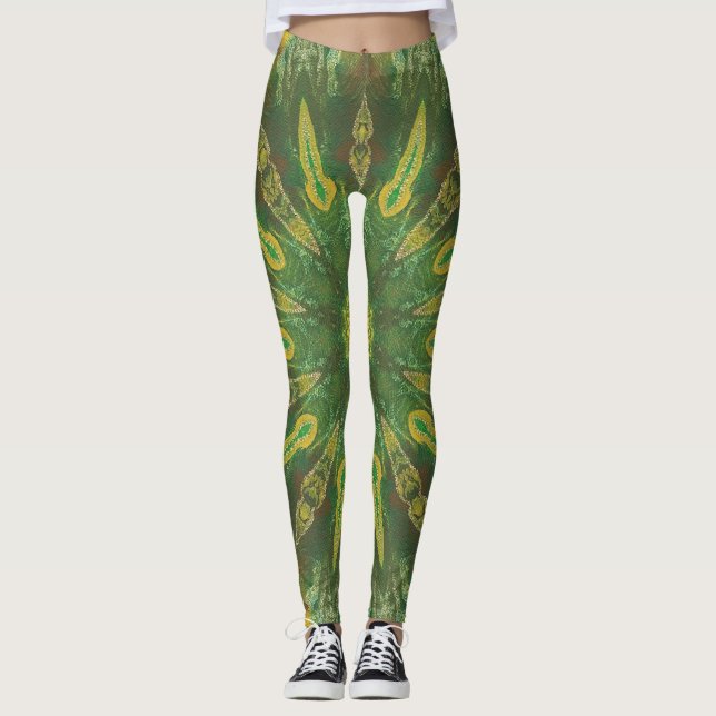Green Yellow Brown Kaleidoscope Pattern Leggings (Front)