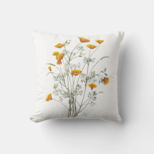 Green Yellow California Poppy Watercolor Painting  Cushion