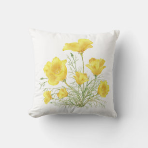 Green Yellow California Poppy Watercolor Painting Cushion