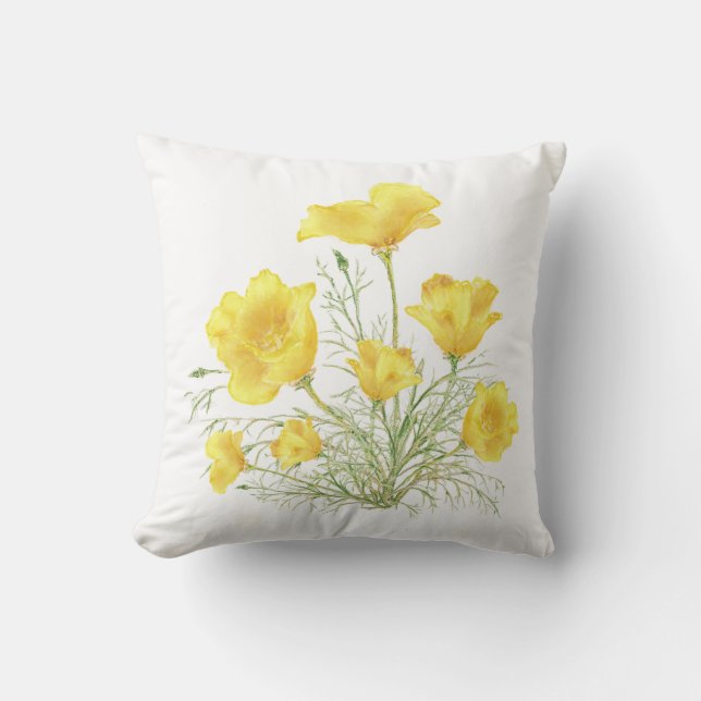 Green Yellow California Poppy Watercolor Painting Cushion (Front)