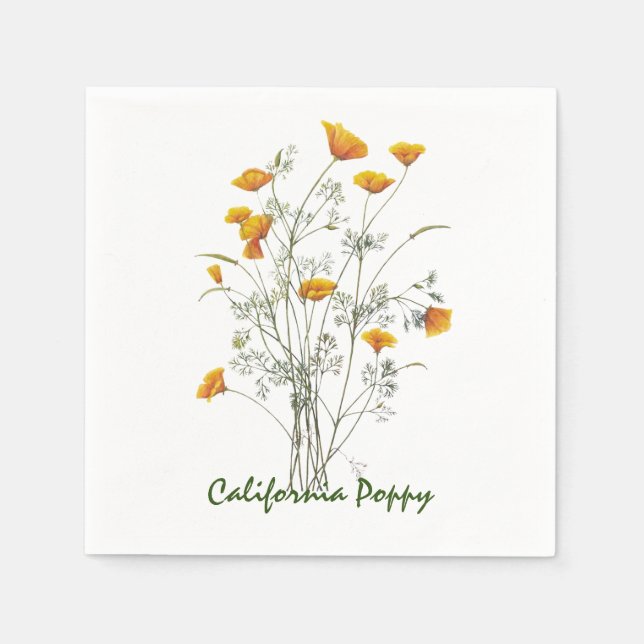 Green Yellow California Poppy Watercolor Painting  Napkin (Front)