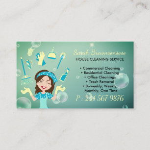 Green Yellow Cartoon Maid House Cleaning Service Business Card