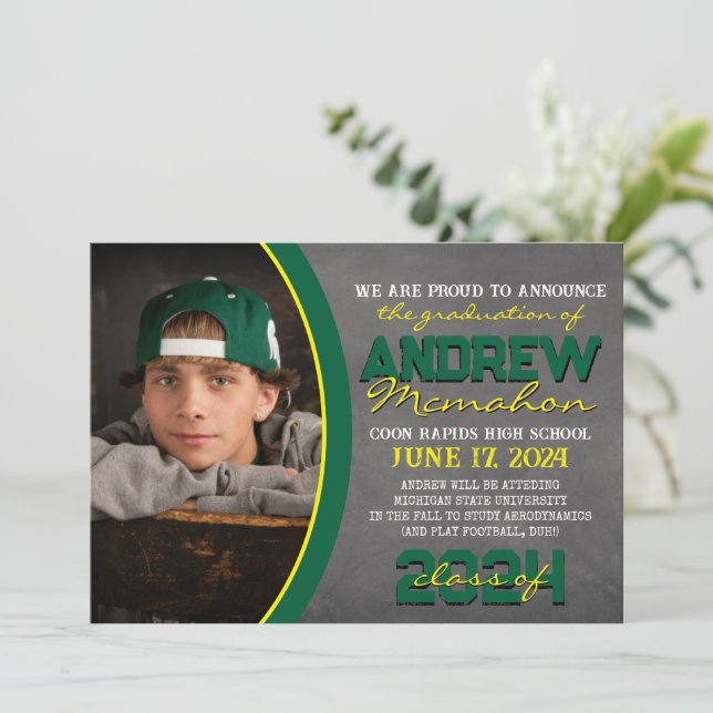 Green & Yellow Chalkboard Graduation Announcement (Standing Front)