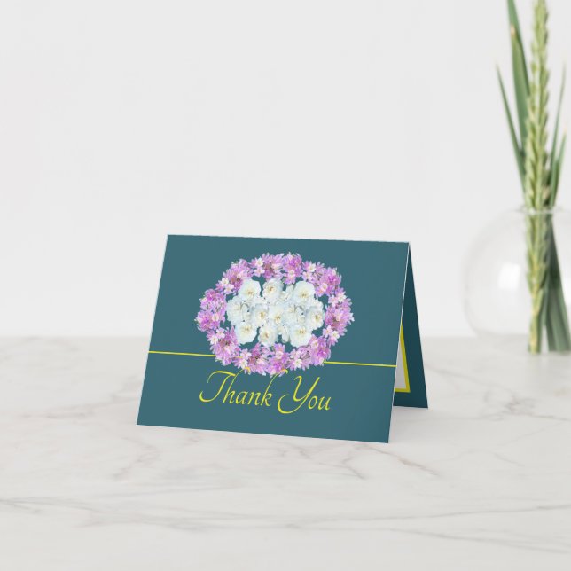 Green Yellow Chic Roses Crocuses Wreath Thank You Card (Front)